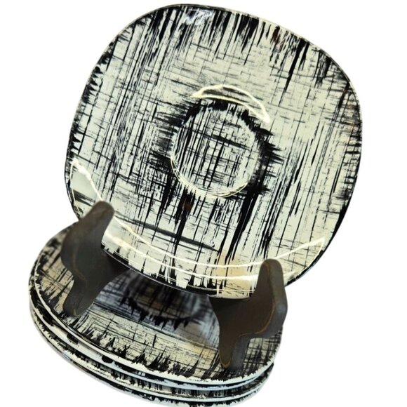 Vintage Ebonette by Edwin Knowles set of 4 Saucer Set Black and White  1950's Ar - Picture 1 of 10